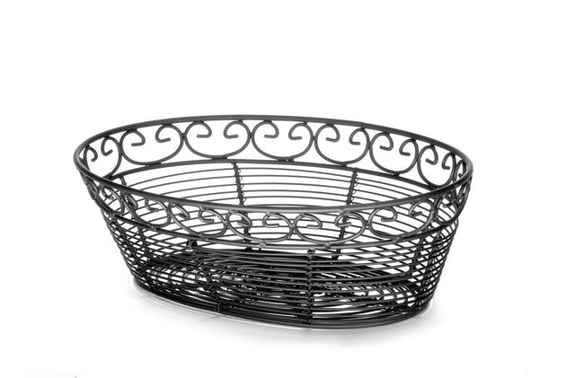A black powder coated metal oval basket from the TableCraft Mediterranean Collection Basket line. Its open design features elegant swirling patterns along the top edge, highlighting intricate, airy metalwork against a white background.