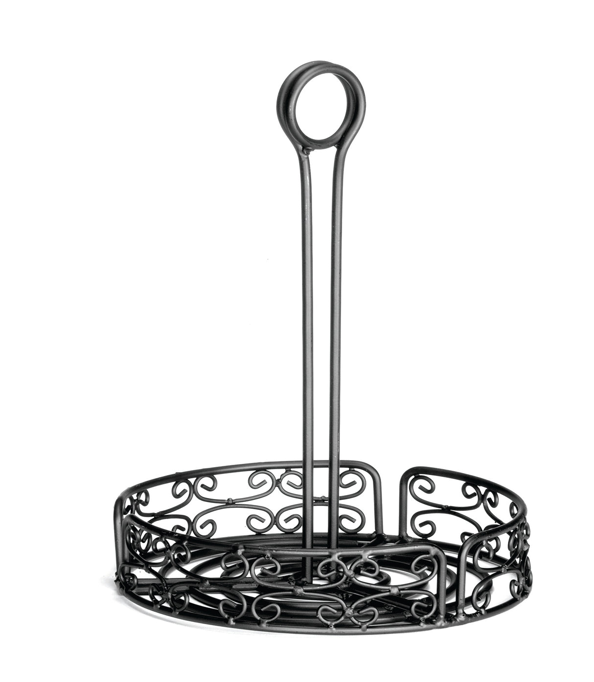 A black powder coated metal napkin holder with ornate scrollwork designs and a circular merchandising ring handle on top. This Mediterranean Versa Rack features an open side pattern and a tall central handle for easy carrying, set against a white background.