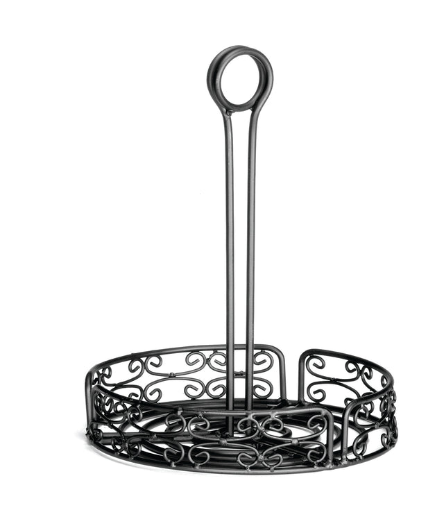 A black powder coated metal napkin holder with ornate scrollwork designs and a circular merchandising ring handle on top. This Mediterranean Versa Rack features an open side pattern and a tall central handle for easy carrying, set against a white background.