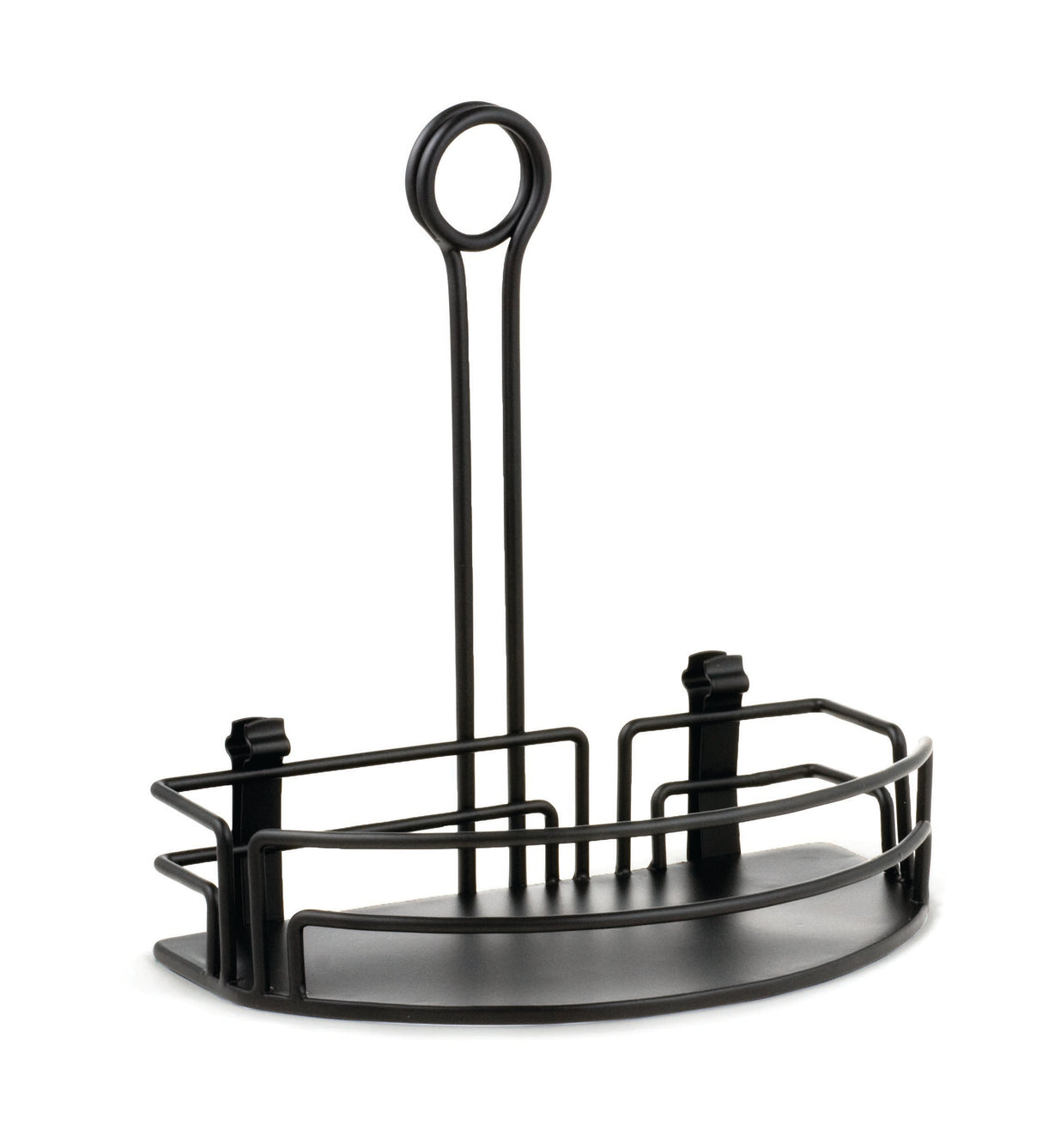 The Versa Rack is a half rack shower caddy crafted from black powder coated metal, featuring a half-circle shape, raised railings, and a flat base. A vertical handle with a circular loop and two rear hooks make it easy to hang and secure.