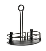 The Versa Rack is a half rack shower caddy crafted from black powder coated metal, featuring a half-circle shape, raised railings, and a flat base. A vertical handle with a circular loop and two rear hooks make it easy to hang and secure.