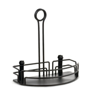 The Versa Rack is a half rack shower caddy crafted from black powder coated metal, featuring a half-circle shape, raised railings, and a flat base. A vertical handle with a circular loop and two rear hooks make it easy to hang and secure.