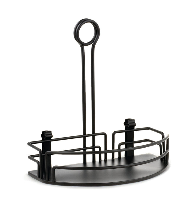 The Versa Rack is a half rack shower caddy crafted from black powder coated metal, featuring a half-circle shape, raised railings, and a flat base. A vertical handle with a circular loop and two rear hooks make it easy to hang and secure.