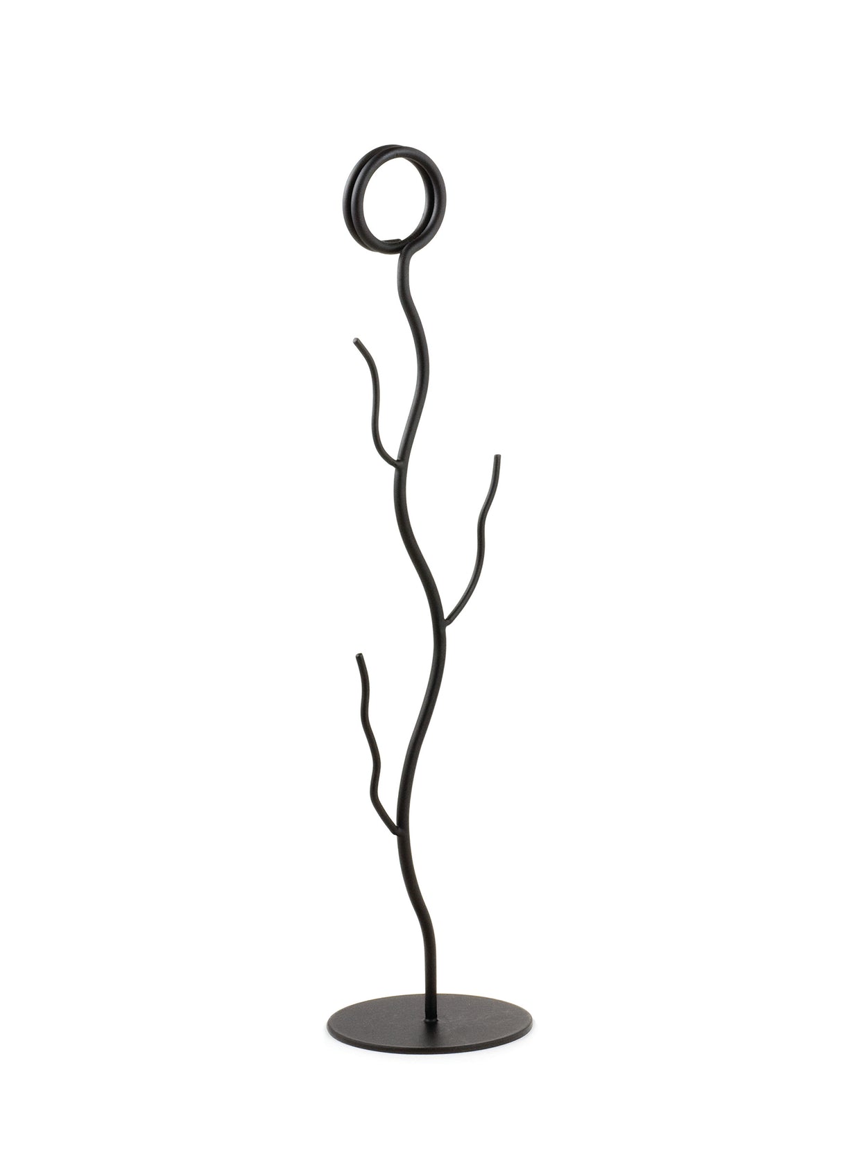 A TableCraft number stand, crafted from black powder coated metal, stands upright on a round base. Its thin, twisting, branch-like form with a coiled loop at the top lends an abstract, organic touch to any display.