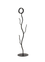 A TableCraft number stand, crafted from black powder coated metal, stands upright on a round base. Its thin, twisting, branch-like form with a coiled loop at the top lends an abstract, organic touch to any display.