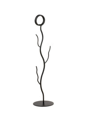 A TableCraft number stand, crafted from black powder coated metal, stands upright on a round base. Its thin, twisting, branch-like form with a coiled loop at the top lends an abstract, organic touch to any display.