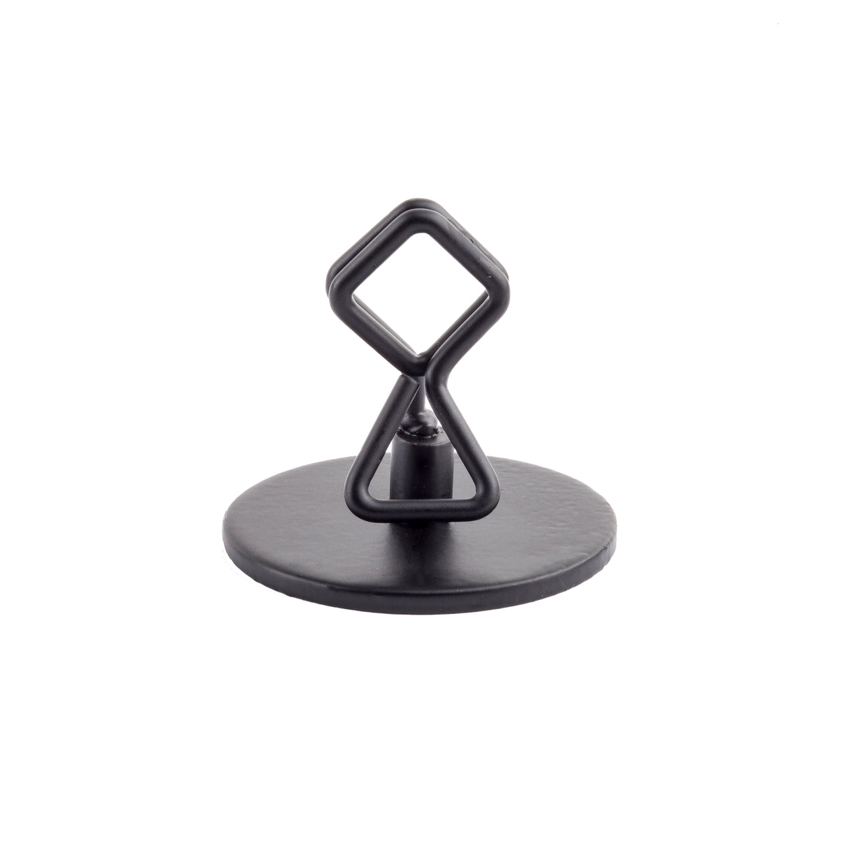 A black, powder coated metal Number/Card Holder Stand with a round flat base and an abstract geometric figure on top. The figure features a triangular lower section and diamond-shaped upper section, both crafted from bent metal rods.