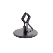A black, powder coated metal Number/Card Holder Stand with a round base and a central geometric, wire-like structure featuring angular bends and loops. The object is photographed on a white background, with no visible logos or markings.