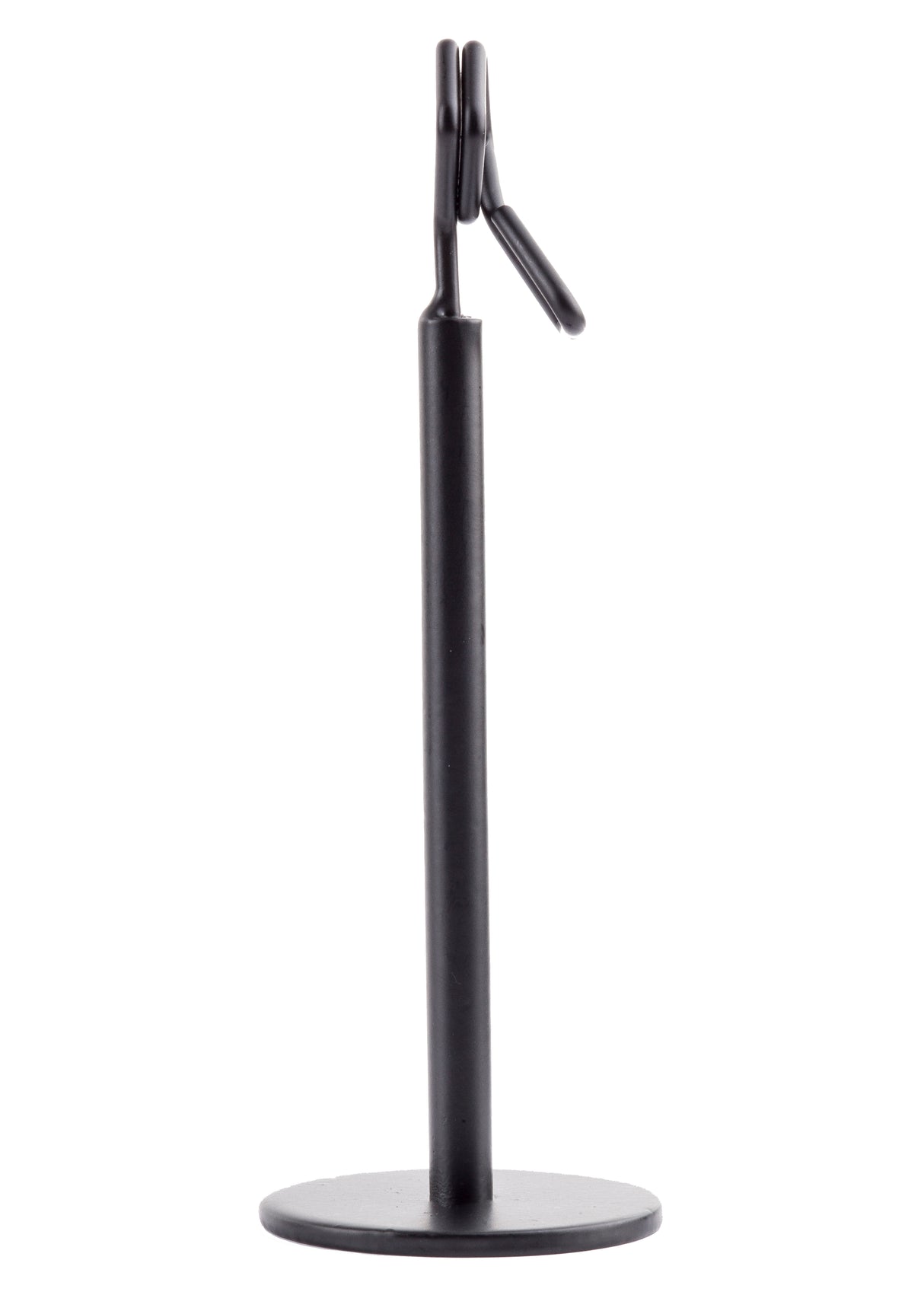 A TableCraft number/card holder stand crafted from powder coated metal, featuring a black round base, vertical cylindrical rod, and a clipped holder at the top, designed to hold items upright against a white background.