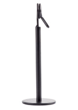 A TableCraft number/card holder stand crafted from powder coated metal, featuring a black round base, vertical cylindrical rod, and a clipped holder at the top, designed to hold items upright against a white background.