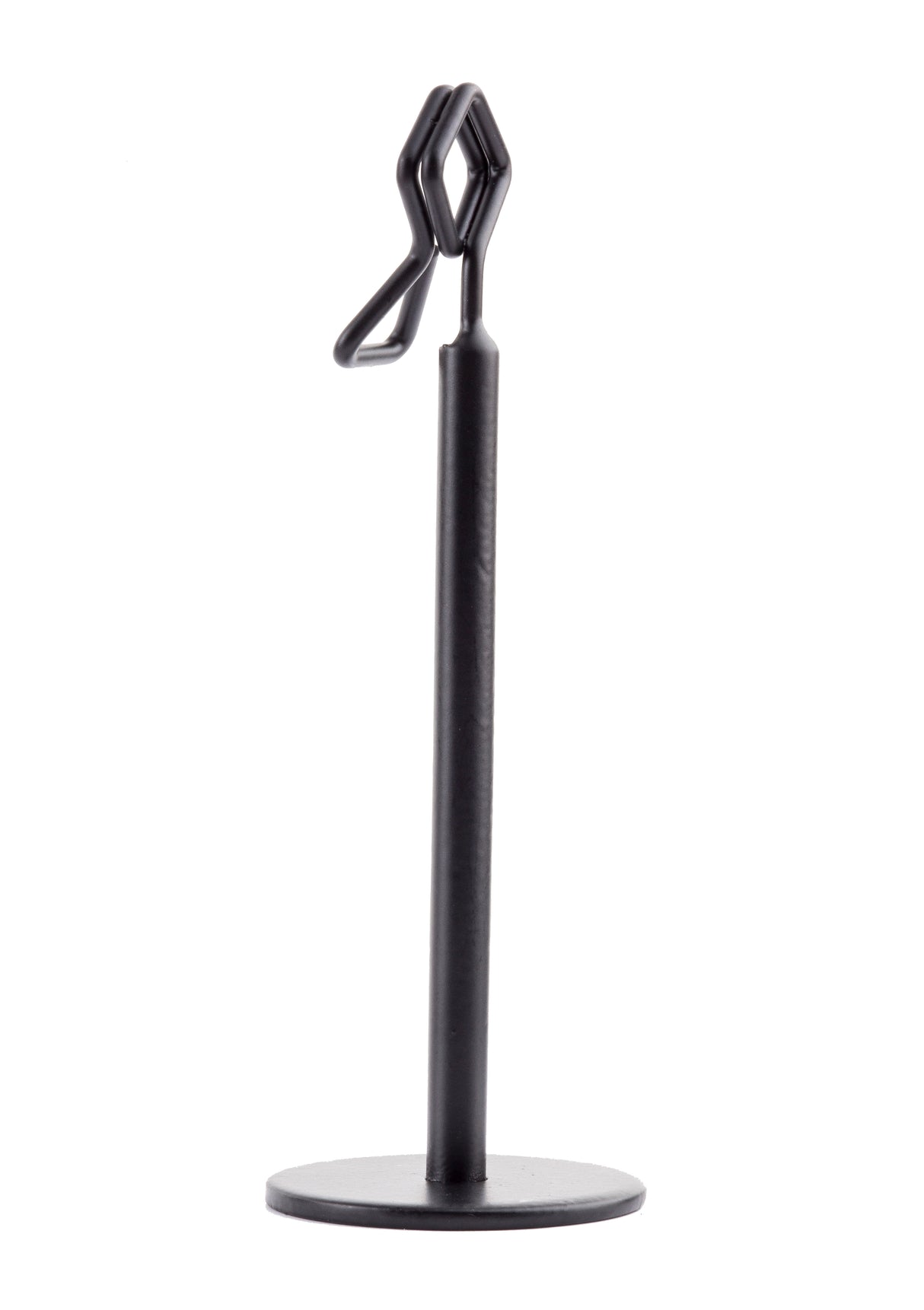 A sleek TableCraft number/card holder stand featuring a black powder coated metal finish, with a round flat base, vertical cylindrical post, and a geometric wire holder at the top for upright display.