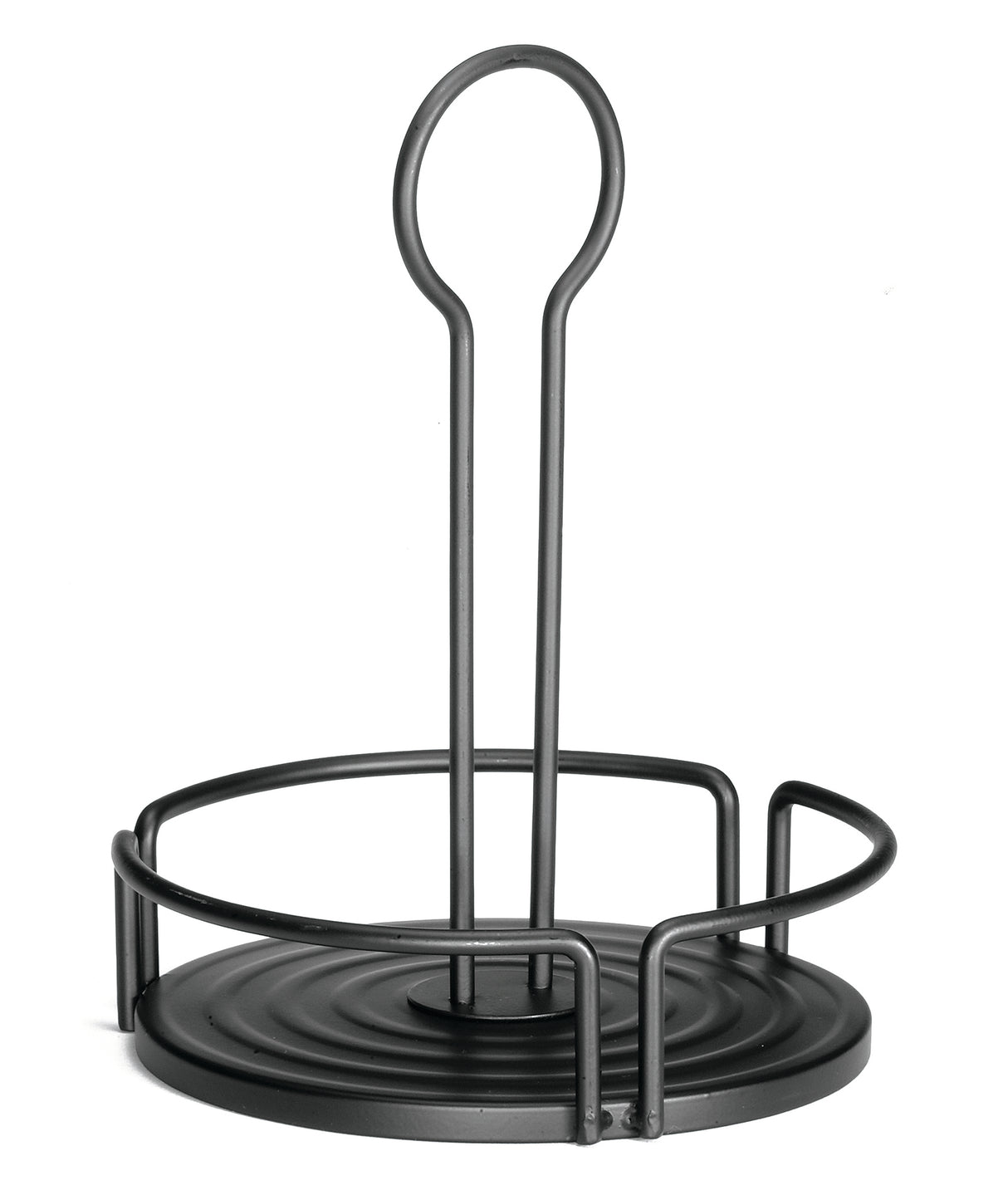 A black metal paper towel holder with a circular base and wireframe sides. Its minimal, functional design pairs well with kitchen accessories like a squeeze bottle holder or shaker organizer, making it perfect for an organized space.