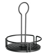 A black metal paper towel holder with a circular base and wireframe sides. Its minimal, functional design pairs well with kitchen accessories like a squeeze bottle holder or shaker organizer, making it perfect for an organized space.