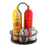 A black powder coated metal Versa Rack holds a yellow mustard bottle, red ketchup bottle, Cholula hot sauce, and two glass shakers dispensers rack—one with black pepper and one with white salt—against a white background.
