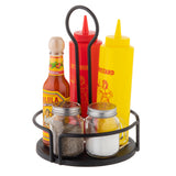 A round Versa Rack, crafted from black powder coated metal, holds a bottle of Cholula hot sauce, red ketchup and yellow mustard squeeze bottles, plus two glass shakers dispensers rack for black pepper and white salt.