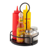 A Versa Rack black powder coated metal caddy holds a red ketchup bottle, a yellow mustard bottle, Cholula hot sauce, and two shakers dispensers rack style—one with pepper and one with salt.