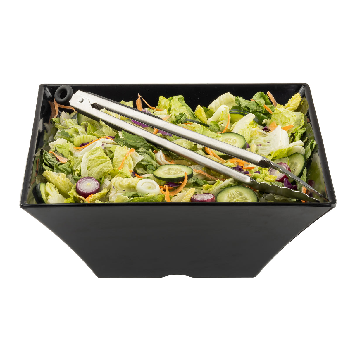 A rectangular black Frostone Collection Bowl filled with mixed salad greens, cucumber slices, red onion rings, and shredded carrots. Metal tongs rest on this dishwasher safe melamine bowl, photographed on a plain white background.