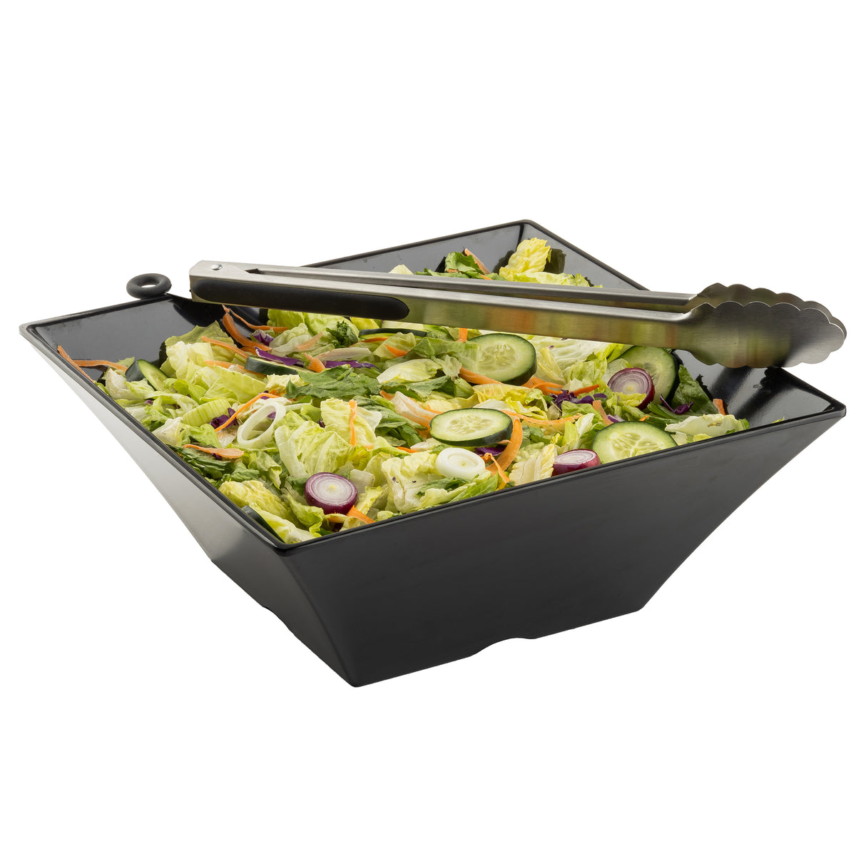 A black melamine bowl from the Frostone Collection is filled with garden salad—lettuce, cucumbers, shredded carrots, and red onion rings—while metal tongs rest on top. The dishwasher safe bowl sits against a white background.