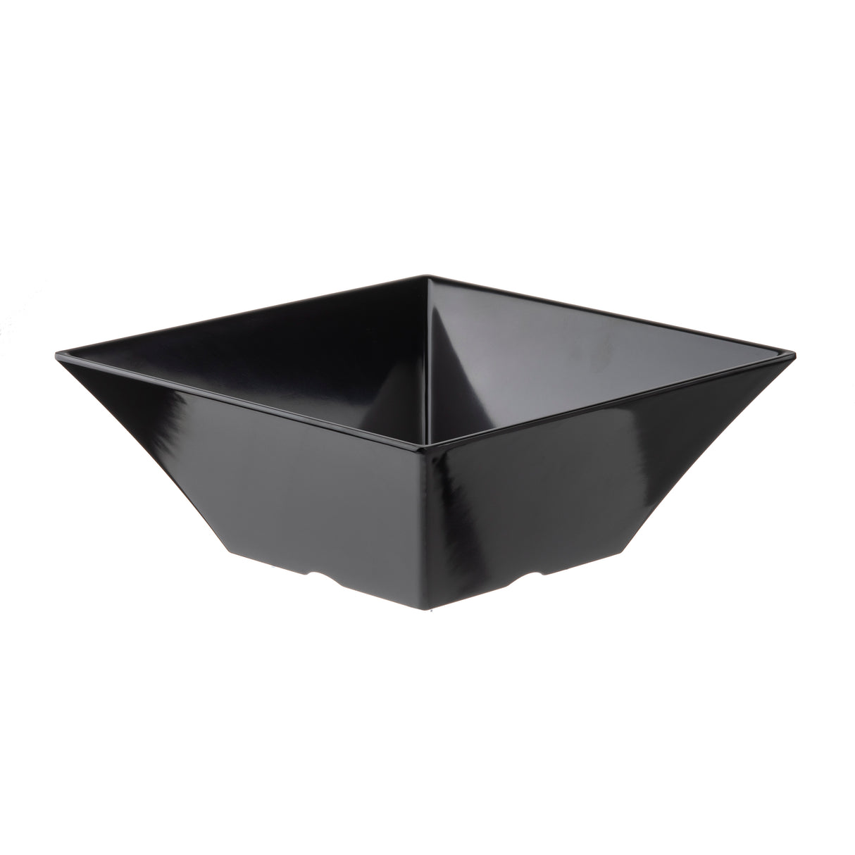 A black, glossy, square-shaped melamine bowl with flared sides and a flat base, shown on a white background. The bowl is empty and angled to display its depth, clean modern lines, and durable, dishwasher safe design.