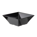 A black, glossy, square-shaped melamine bowl with flared sides and a flat base, shown on a white background. The bowl is empty and angled to display its depth, clean modern lines, and durable, dishwasher safe design.
