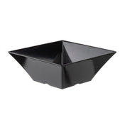 A black, glossy, square-shaped melamine bowl with flared sides and a flat base, shown on a white background. The bowl is empty and angled to display its depth, clean modern lines, and durable, dishwasher safe design.