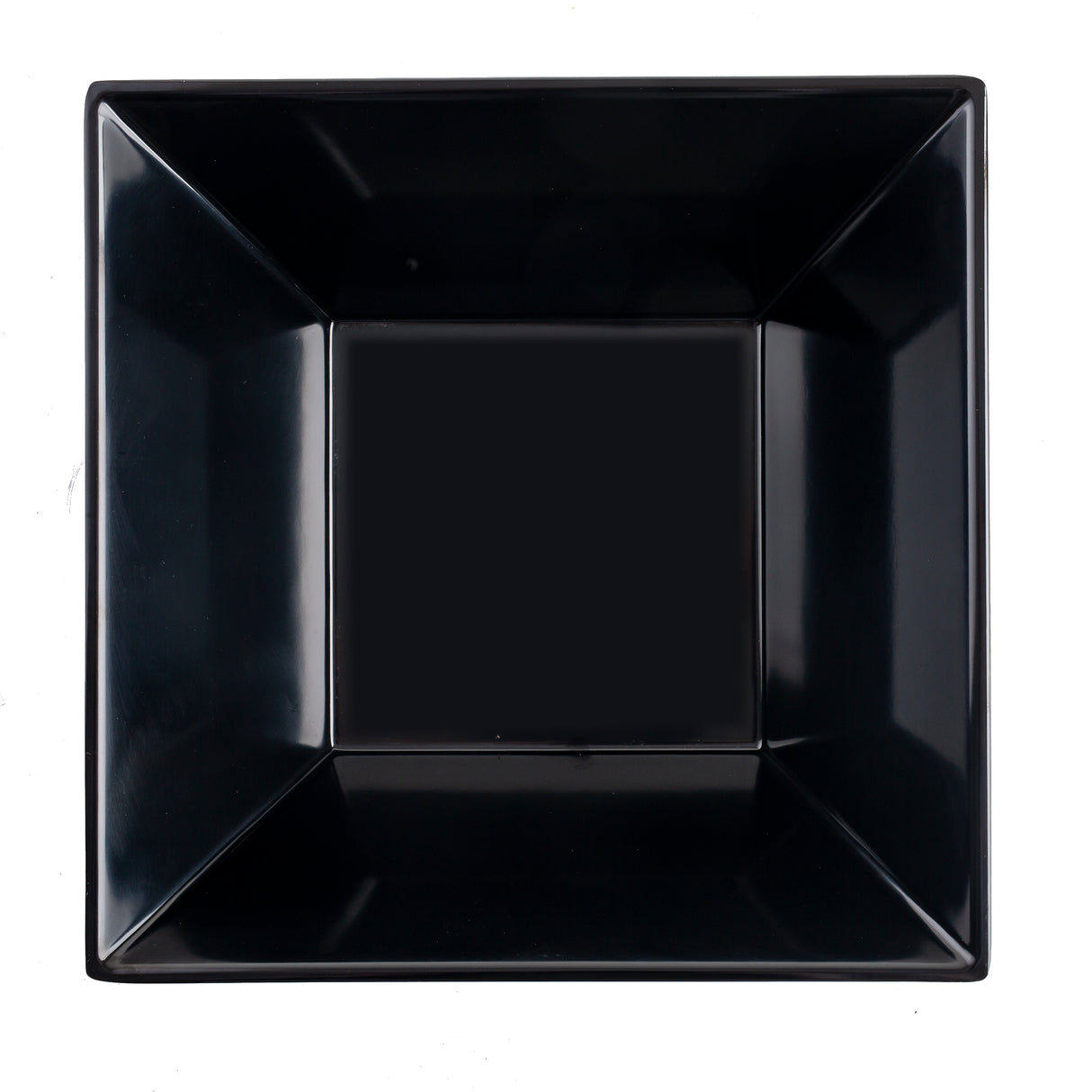 A top-down view of a shiny, square-shaped black Frostone Collection melamine bowl with slanted sides and a flat base, photographed against a white background. This glossy bowl is dishwasher safe and its surface reflects light beautifully.