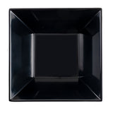 A top-down view of a shiny, square-shaped black Frostone Collection melamine bowl with slanted sides and a flat base, photographed against a white background. This glossy bowl is dishwasher safe and its surface reflects light beautifully.