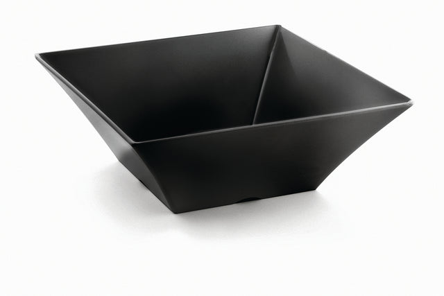 A black, square-shaped Frostone Collection Bowl with slightly flared sides sits on a plain white background. This melamine bowl features clean, modern lines and a matte finish, creating a simple yet contemporary appearance.