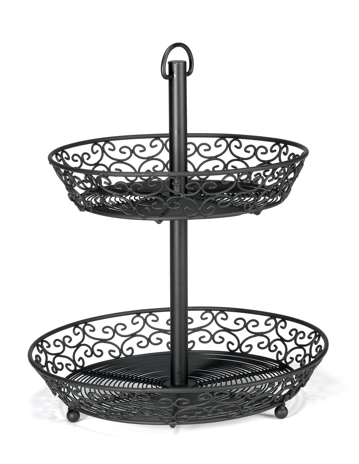 A two-tiered basket from our Mediterranean Collection Basket, crafted from black powder coated metal with decorative scrollwork. The circular trays feature open sides and swirling patterns, supported by a central pole with a loop handle for easy carrying.