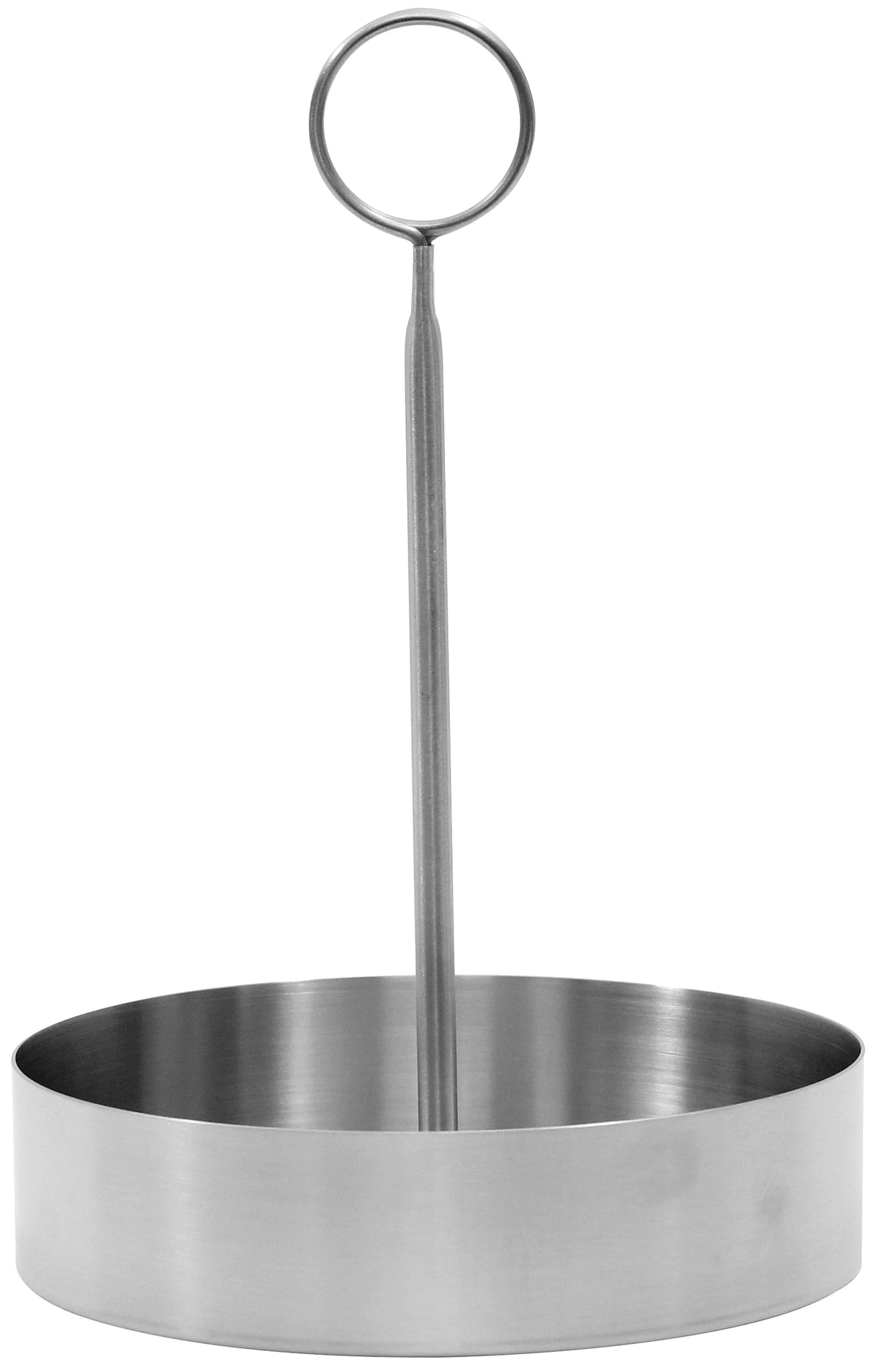 A round, stainless steel ring mold with high sides and a vertical handle ending in a loop at the top, designed for lifting. Dishwasher safe, this metal utensil shapes foods like eggs or pancakes while cooking. The background is plain white.