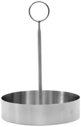 A round, stainless steel ring mold with high sides and a vertical handle ending in a loop at the top, designed for lifting. Dishwasher safe, this metal utensil shapes foods like eggs or pancakes while cooking. The background is plain white.