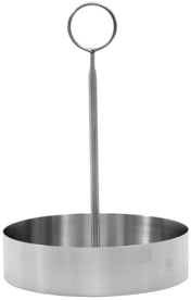 A round, stainless steel ring mold with high sides and a vertical handle ending in a loop at the top, designed for lifting. Dishwasher safe, this metal utensil shapes foods like eggs or pancakes while cooking. The background is plain white.