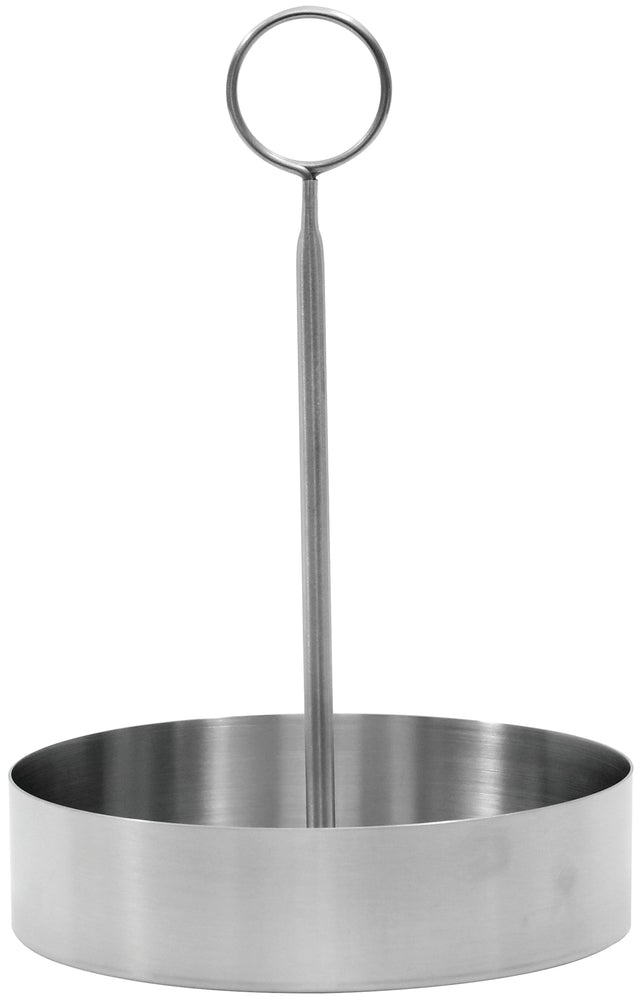 A round, stainless steel ring mold with high sides and a vertical handle ending in a loop at the top, designed for lifting. Dishwasher safe, this metal utensil shapes foods like eggs or pancakes while cooking. The background is plain white.