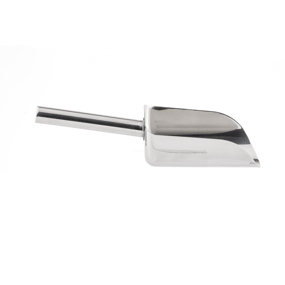 A shiny, stainless steel ice scoop with a cylindrical handle lies on a white background. Its deep, rectangular bowl with curved sides and blunt end is designed for scooping dry goods or ice and is dishwasher safe for easy cleaning.