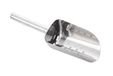 A shiny, stainless steel ice scoop with a cylindrical handle and deep, rounded bowl featuring small drainage holes. Its smooth, reflective surface is dishwasher safe and unused. The scoop is positioned diagonally on a white background.