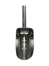 A shiny, stainless steel ice scoop with a short cylindrical handle. The oval scoop features six round holes in a vertical line and three on each side, designed for sifting or draining. Dishwasher safe and set against a plain white background.