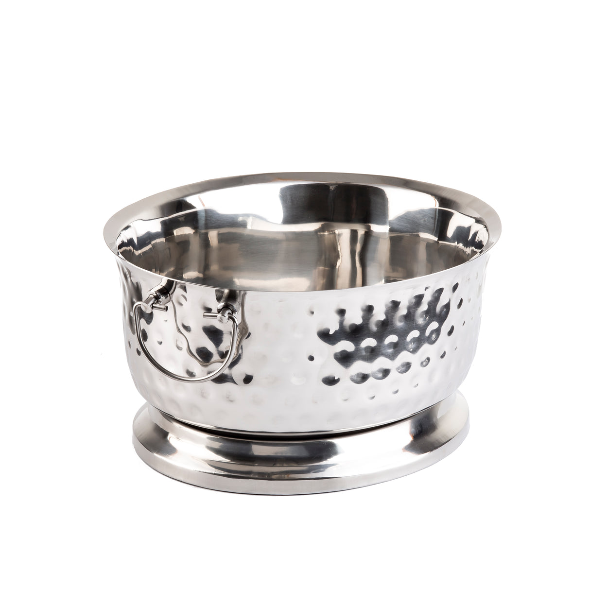 A shiny, silver Bali Collection Beverage Tub with a hammered texture and round shape, featuring two side handles. This double wall beverage tub has a wide opening, sits on a sturdy raised base, and reflects light beautifully on its surfaces.