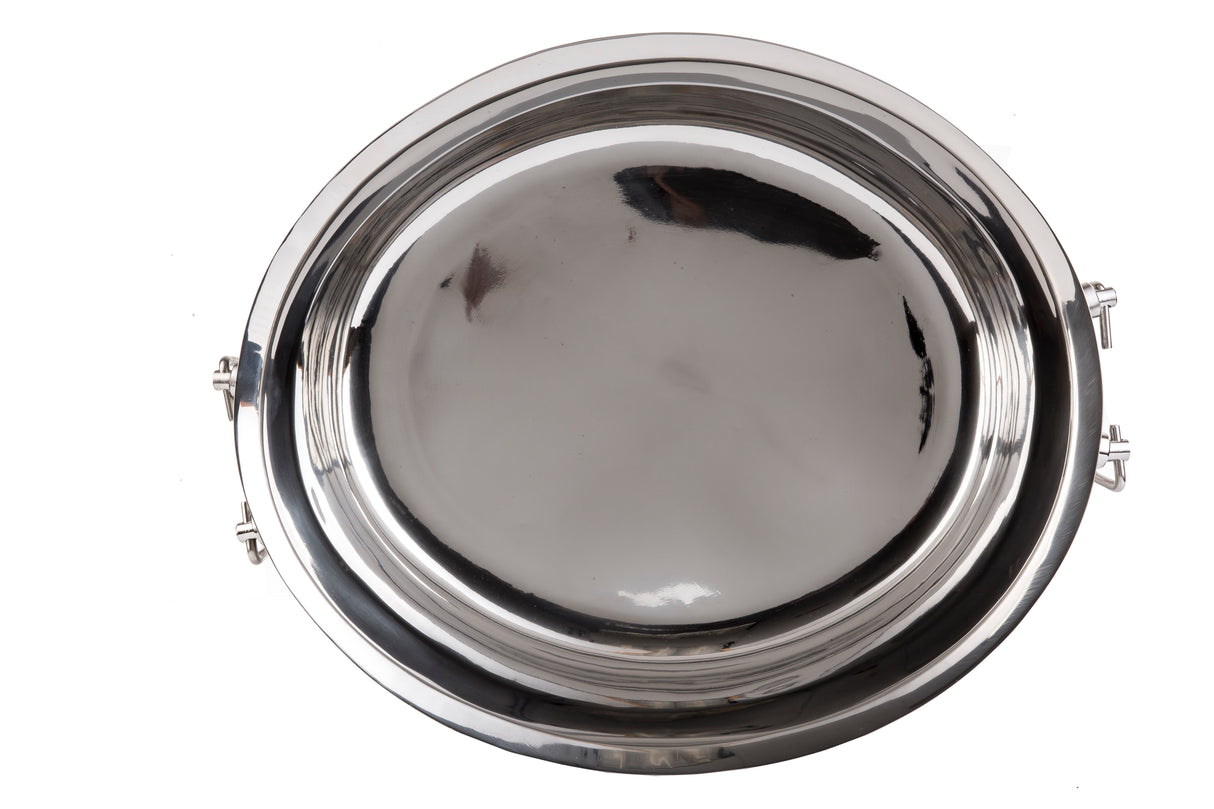 A shiny, round metal lid with a reflective surface, seen from above. Designed for a double wall beverage tub, the lid features side handles and a smooth look with light and dark reflections on its surface. The background is plain white.