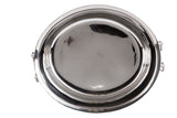 A shiny, round metal lid with a reflective surface, seen from above. Designed for a double wall beverage tub, the lid features side handles and a smooth look with light and dark reflections on its surface. The background is plain white.
