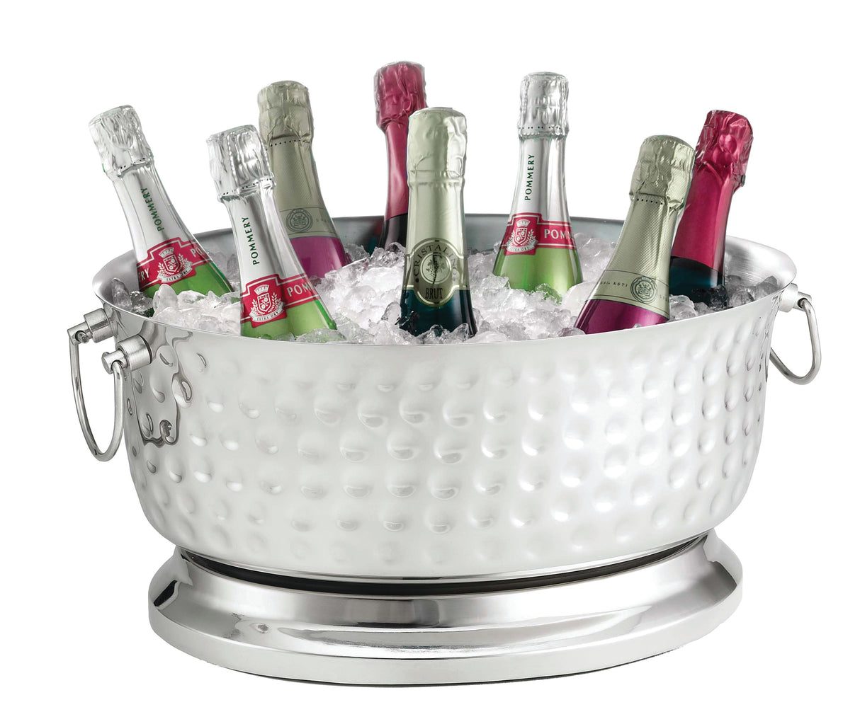 A large, hammered stainless steel beverage tub from the Bali Collection chills nine bottles of sparkling wine with foil-wrapped tops in silver, gold, green, and pink. The double wall beverage tub has side handles and sits on a matching silver base.
