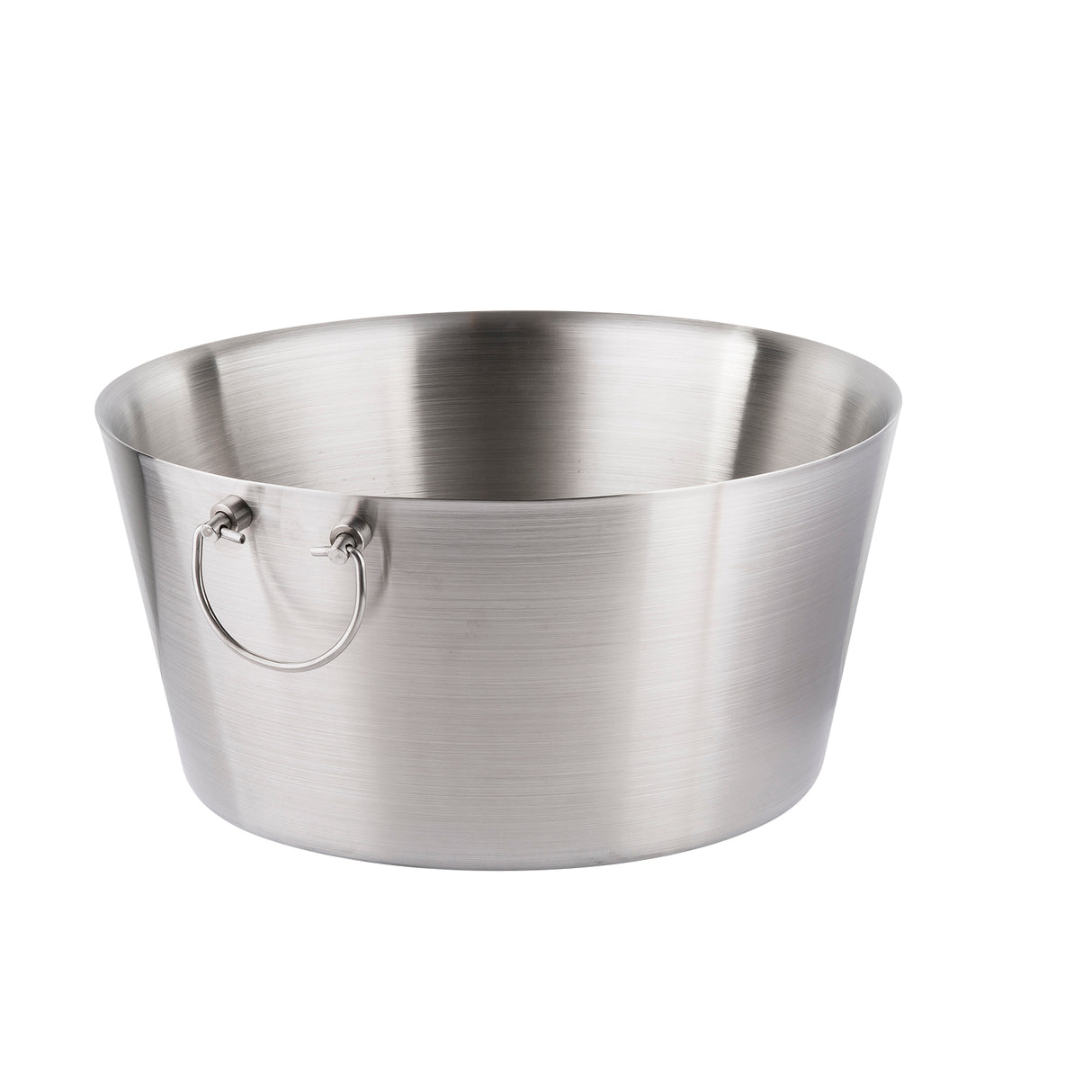 A large, round, brushed stainless steel beverage tub with a smooth finish and a sturdy curved handle attached to one side. The double wall design keeps drinks cold. The bucket is empty and set against a plain white background.