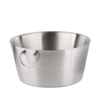 A large, round, brushed stainless steel beverage tub with a smooth finish and a sturdy curved handle attached to one side. The double wall design keeps drinks cold. The bucket is empty and set against a plain white background.