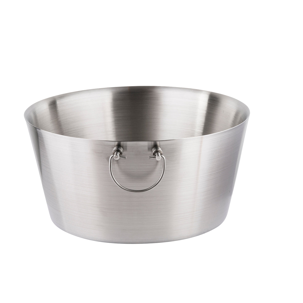 A large, round double wall stainless steel beverage tub with a brushed finish. It features two metal handles attached with rings, a slightly flared rim, and a smooth, shiny surface. The empty tub stands against a white background.