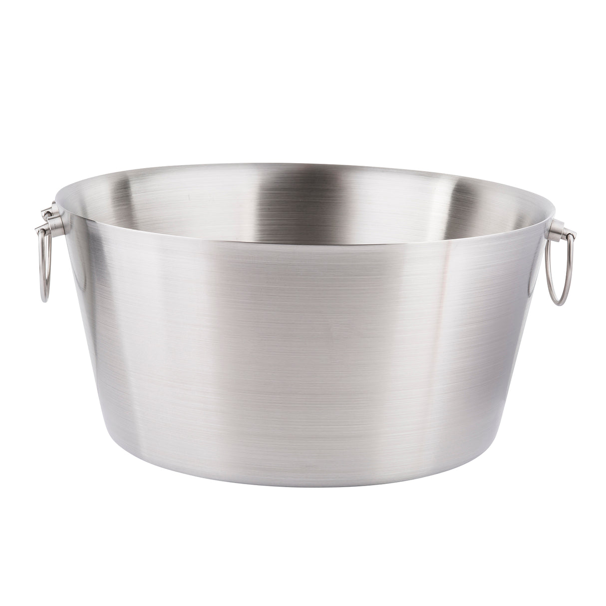 A large, round, double wall stainless steel beverage tub with a smooth surface and two metal handles on opposite sides. It features a wide opening, slightly tapered shape, and simple utilitarian design against a white background.