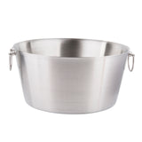 A large, round, double wall stainless steel beverage tub with a smooth surface and two metal handles on opposite sides. It features a wide opening, slightly tapered shape, and simple utilitarian design against a white background.