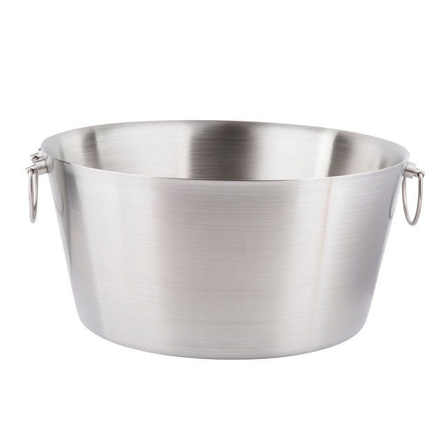 A large, round, double wall stainless steel beverage tub with a smooth surface and two metal handles on opposite sides. It features a wide opening, slightly tapered shape, and simple utilitarian design against a white background.