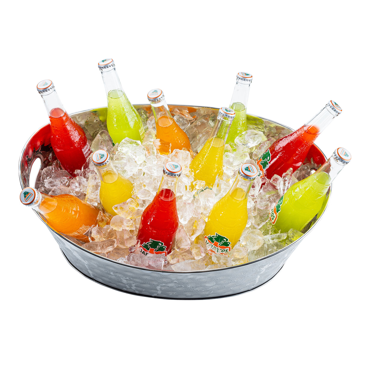 A 4 gallon stainless steel beverage tub filled with ice holds assorted colorful glass soda bottles. The drinks are orange, red, yellow, and green, capped and ready to serve. The tub has handles on each side and sits on a plain white background.