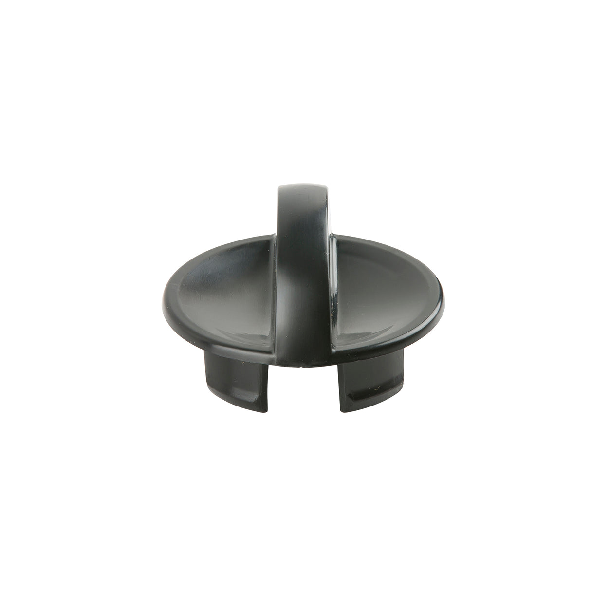 A black, round plastic Hottle Cover with a central vertical handle and two symmetrical slots. The arched handle sits over the center, and the base has three short rectangular extensions for secure attachment. Dishwasher safe for easy cleaning.