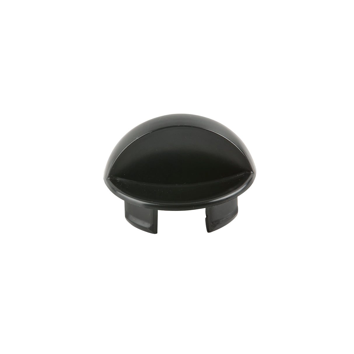 A shiny, black, dome-shaped plastic Hottle Cover with a smooth surface and two tabs underneath, set against a plain white background. Made in USA, this cap appears designed to snap onto or cover the end of a cylindrical object or opening.
