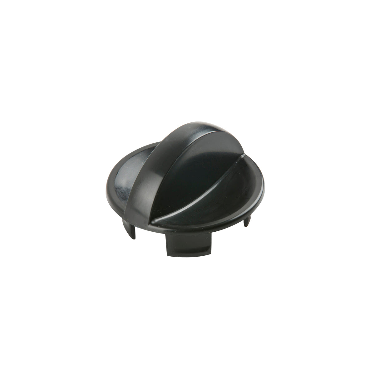 A black, round, plastic knob with a curved, raised grip on top and a flat circular base. Four small tabs extend downward for secure attachment. This dishwasher safe accessory is ideal for use with compatible appliances. The background is plain white.